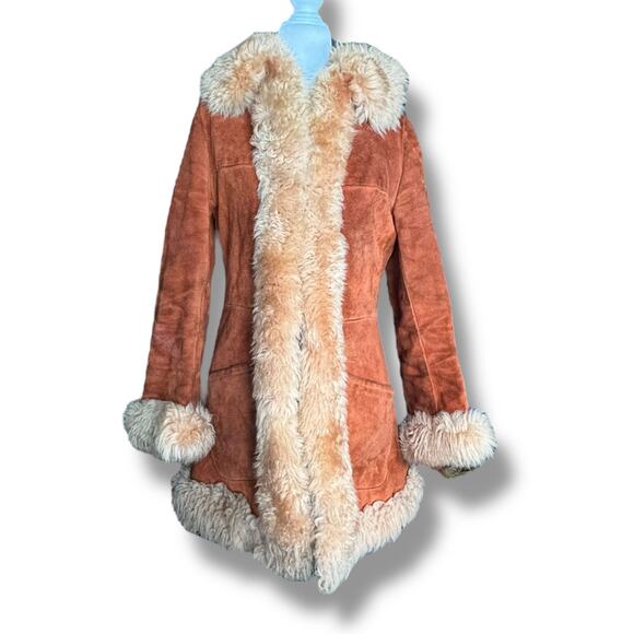 Vintage 70s Penny Lane Shearling Suede Coat Rust Brown Leather Tan Fur Trim - Picture 1 of 12